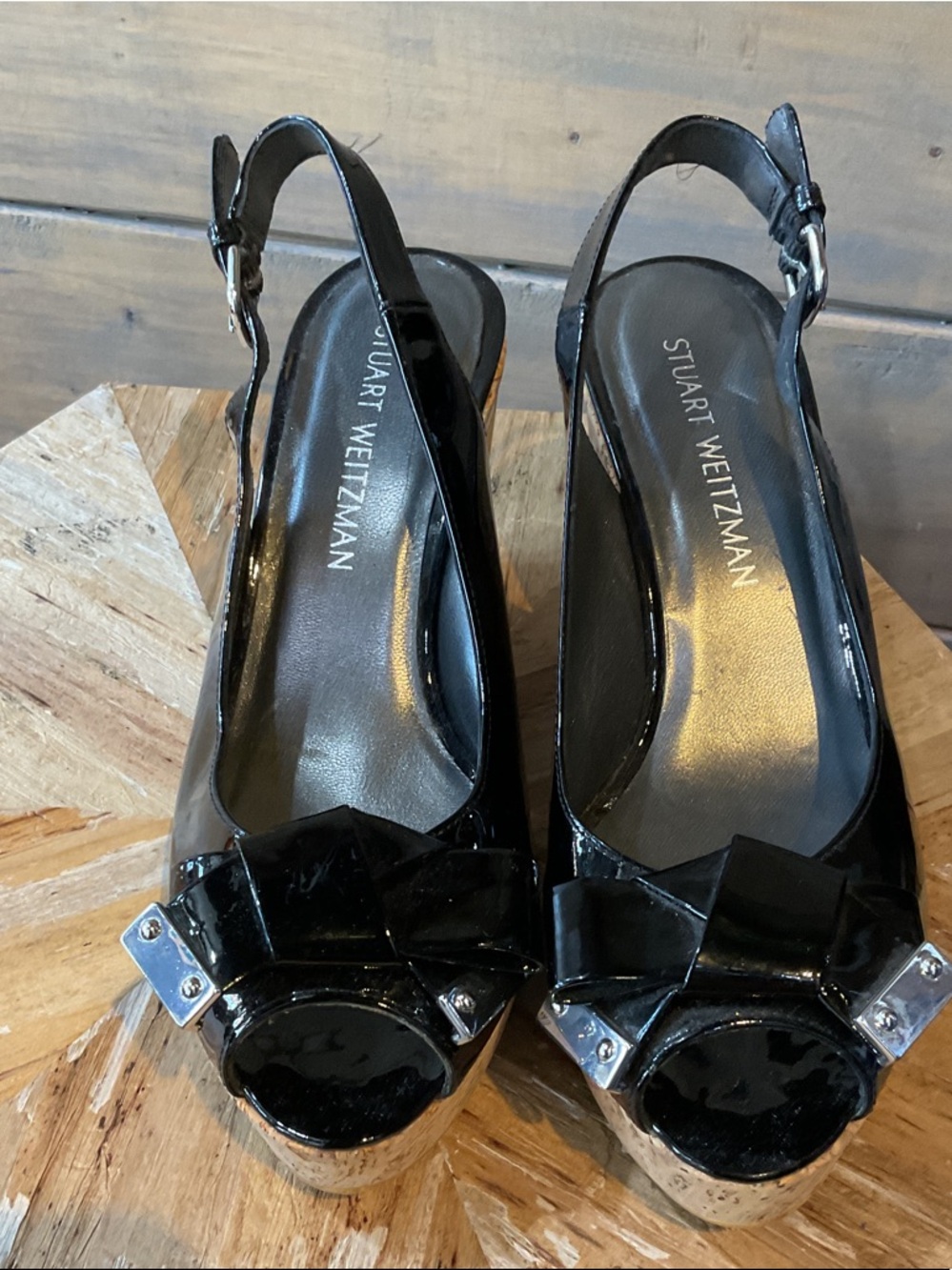 Stuart Weitzman Black Patent Slingback Peep-Toe Platforms with Bow